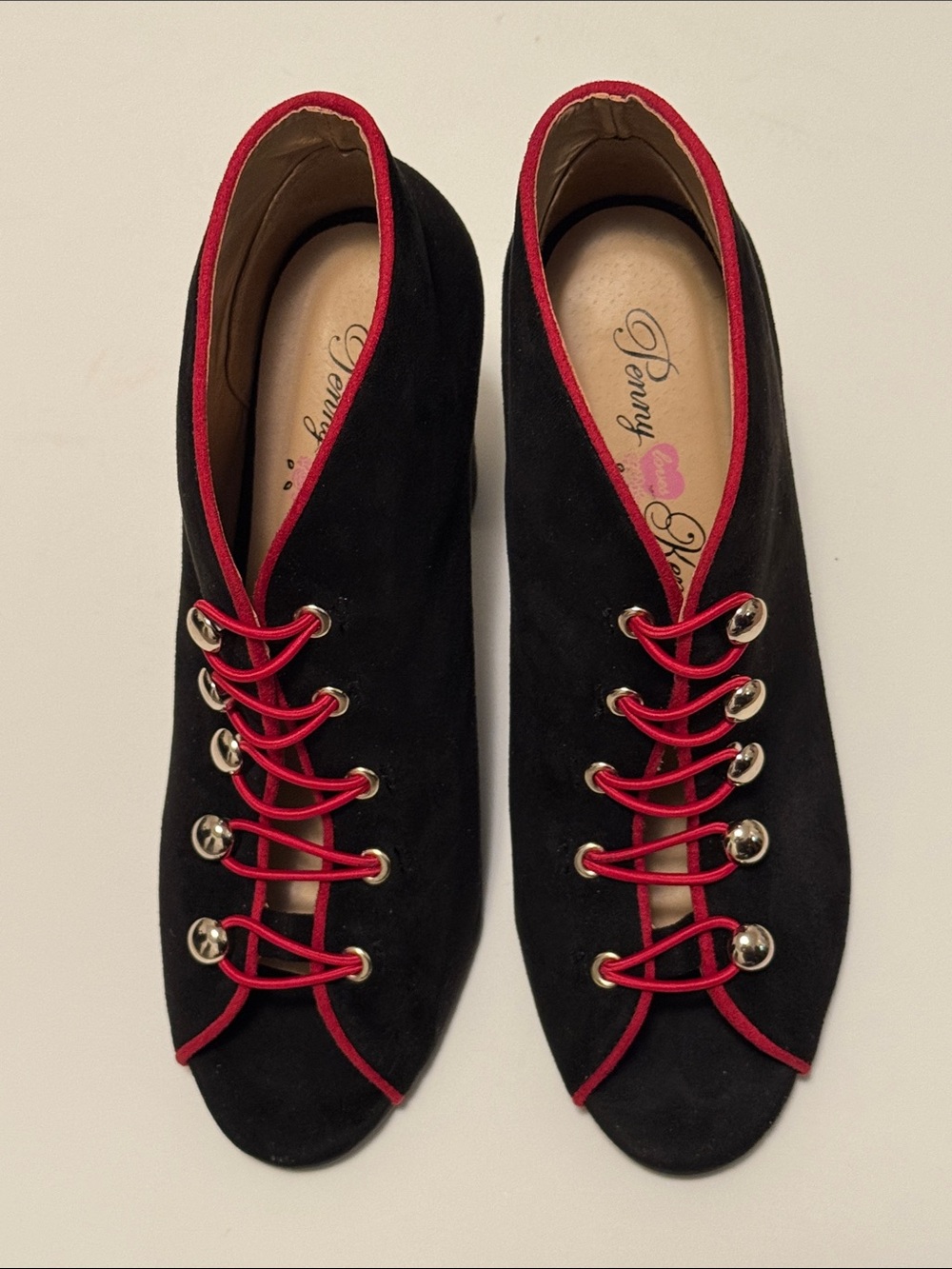 Penny Loves Kenny Ratch Black Suede Peep-Toe Lace-Up shoe with Red Trim